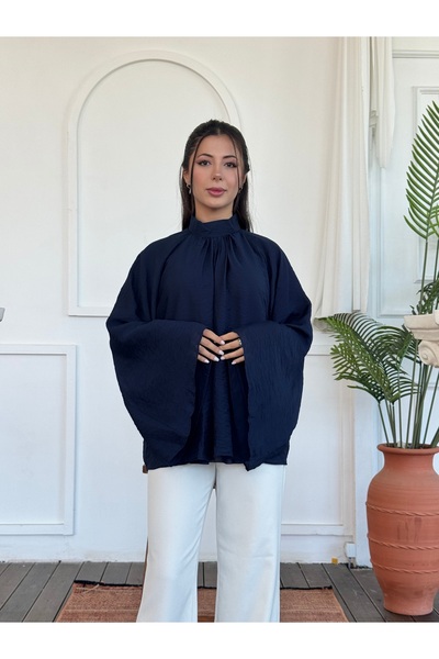KEVRA High Collar Spanish Sleeve Gathered Chiffon Blouse