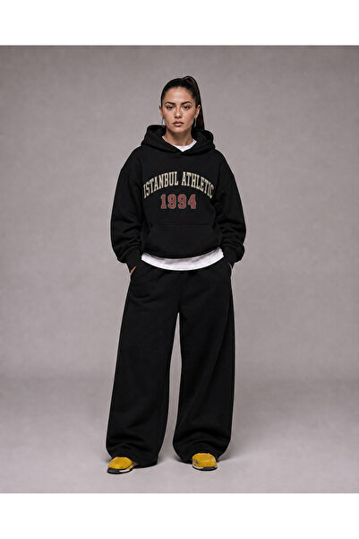 Kadın Büyük Beden Baskılı 3 İplik Oversize Kapüşonlu Sweatshirt ve Eşofman Takımı