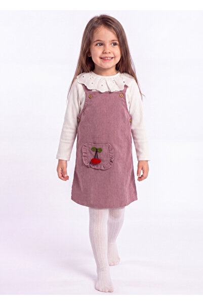 Nehirim Kids Girl's Cherry Detailed Velvet Gilet, Scallop Collar, Long Sleeve...