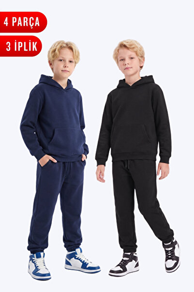 FYK KİDS 2-Piece Plain 3-Thread Winter Kangaroo Pocket Hooded Boys' Tracksuit...