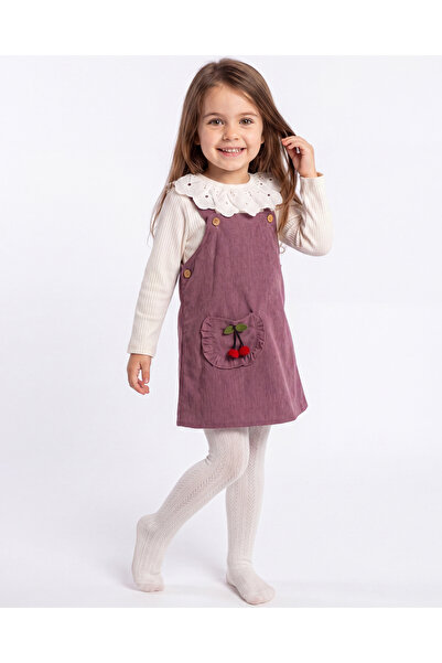 Nehirim Kids Girl's Cherry Detailed Velvet Gilet with Scallop Collar, Long Sl...