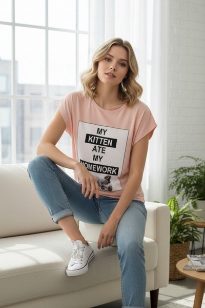 OEM Tricou de damă cu imprimeu text "My Kitten Ate My Homework" cu un pisicuț...