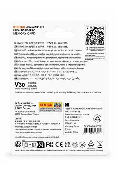 Kodak 64GB Micro SD UHS-I U3 V30PRO Hafıza Kartı