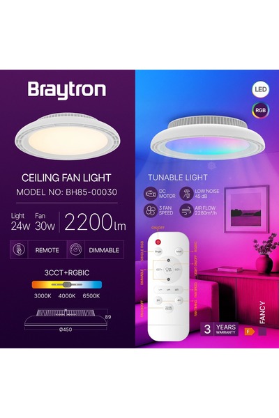 Braytron BRY-FANCY-24+30W-RGB-3IN1-WHT-IP20-CEILING FAN LEDLİ TAVAN VANTİLATÖRÜ