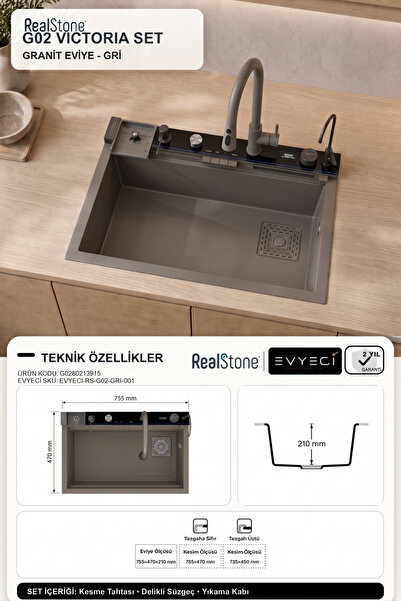RealStone Victoria Set A02 Gri Akıllı Granit Mutfak Evyesi 75,5 x 47 cm