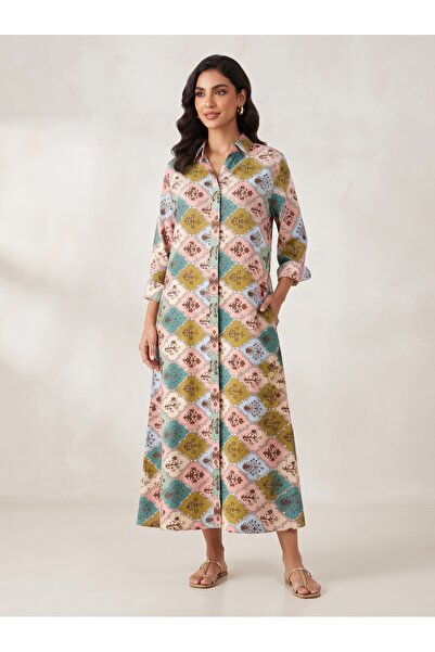 Topstar Women's Colorful Floral Geometric Pattern Long Shirt with Front Buttons