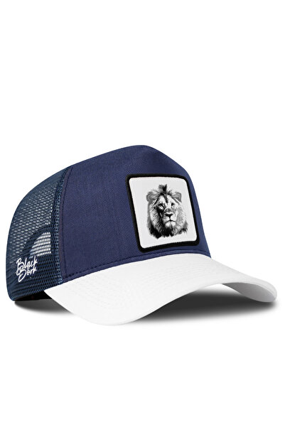 BlackBörk Cordura White-Navy Blue Trucker Hat with Lion Logo