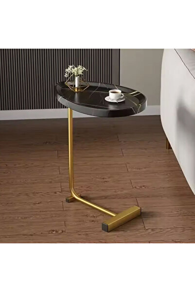 KEKE Side Table Concave Black Top Textured + Gold Stand Frame For Home Decora...