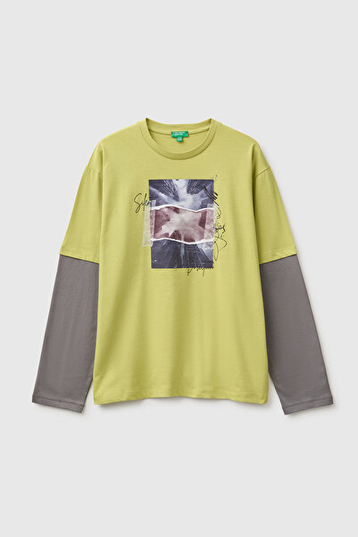 United Colors of Benetton Boy's pistachio green long sleeve t-shirt with fron...