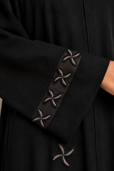 KAVALEE Luxury Black Abaya with Bronze Floral Bead Embroidery & Mesh Cuff Detail