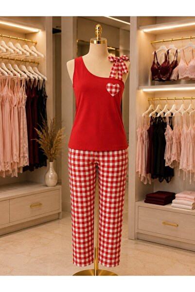 Generic Brand Blue Gingham Patterned Double Pajama Set with Bow and Heart Poc...