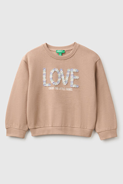 United Colors of Benetton Girl's Milk Coffee Embroidered Front Long Sleeve Cr...
