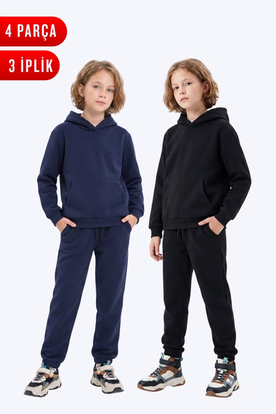 FYK KİDS 2-Piece Plain 3-Thread Winter Kangaroo Pocket Hooded Girls' Tracksui...