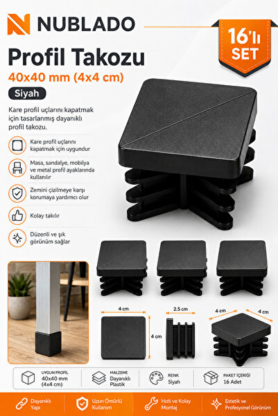 NUBLADO 40x40 mm Kare Profil Takozu Siyah 16 Adet – Masa Sandalye Mobilya Aya...