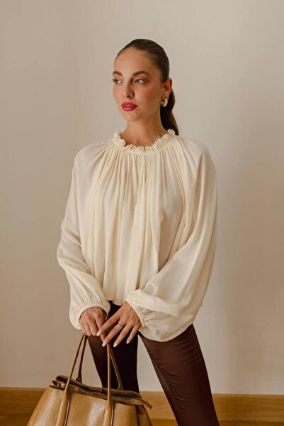 My Blog Ecru Gathered Collar Blouse - 4959