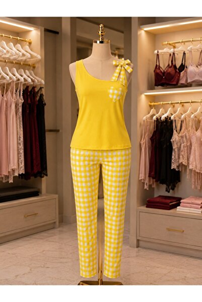 Generic Brand Blue Gingham Patterned Double Pajama Set with Bow and Heart Poc...