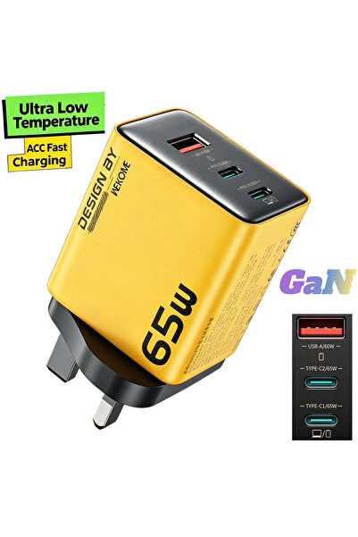 wekome 65W GaN Multi Port Fast Wall Charger Yellow UK 3-Pin, Foldable Plug Un...