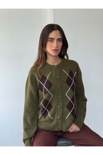 Retrobird Cardigan tricotat cu nasturi cu model Sally Baklava pentru femei, kaki