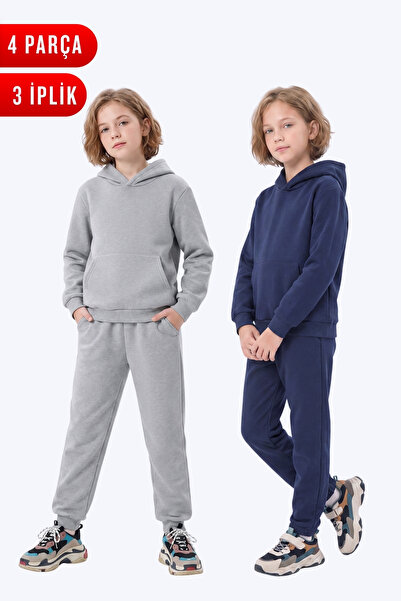 FYK KİDS 2-Piece Plain 3-Thread Winter Kangaroo Pocket Hooded Girls' Tracksui...