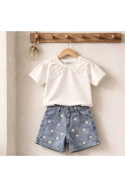 Daisy Collar Denim Set – Bulut Yakalı Papatya Detaylı Kız Çocuk Denim Takım