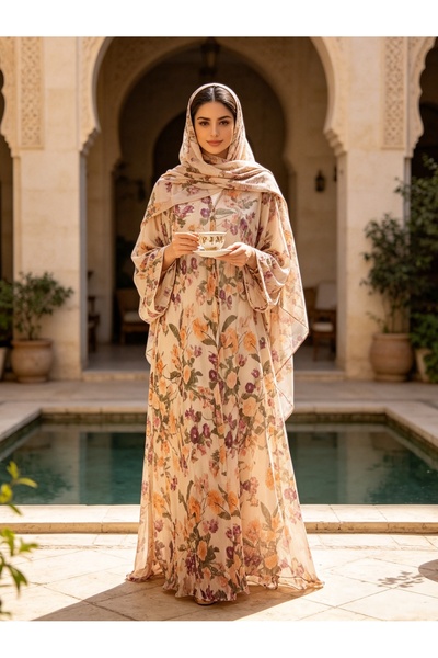 Noon Noora Pleated Cardigan Printed Abaya Jacket with Hijab