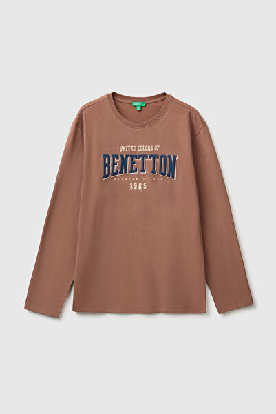 United Colors of Benetton Boy's Brown Long Sleeve T-Shirt with Embroidered Front