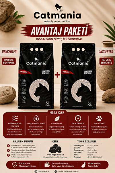 Doğal Kokusuz Tozsuz ve Topaklaşan Bentonit Kedi Kumu 2 x 5 LT