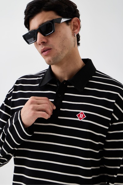 borz clo Erkek Lacivert-Beyaz Çizgili Oversize Fit Polo Yaka Uzun Kollu T-Shirt