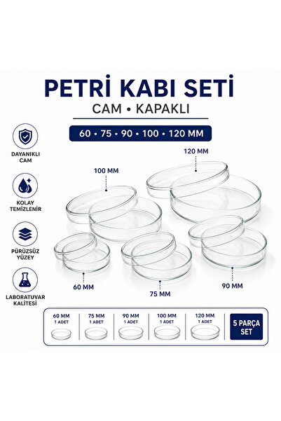 Labolist Petri Kabı Seti Cam 60-75-90-100-120 Mm Kapaklı