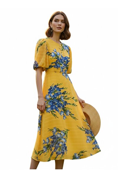 Generic Brand Yellow Blue Floral Print Puff Sleeve Buttoned Midi Chiffon Dress