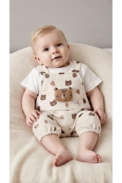 Sinem Çeyiz Gzd 0022 Baby Boy Beige Patterned Linen T-Shirt Overalls Set