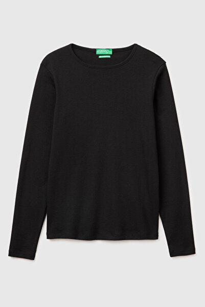 United Colors of Benetton Women's Black 100% Cotton Slim Fit Ribbed Long Slee...