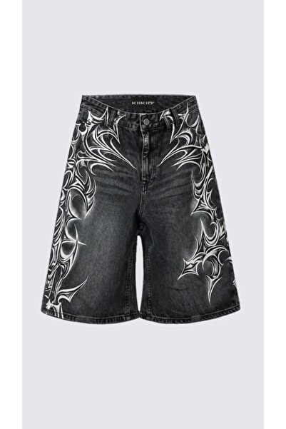 Köstebek Washable Denim Fabric Gothic Tribal Printed Denim Shorts