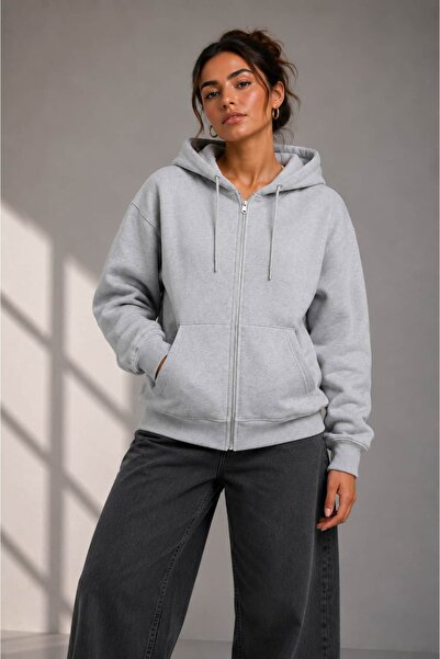 bb butik basic Women's Oversize Zippered Hooded Three-Thread Sweatshirt Cardi...
