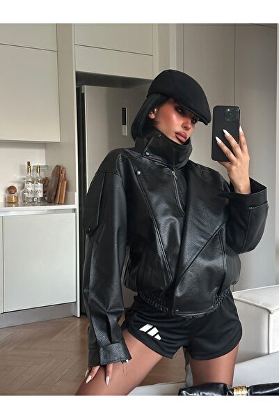 Blanco سترة جلدية نسائية من طراز Viral Model ذات ياقة عالية وسحاب أمامي