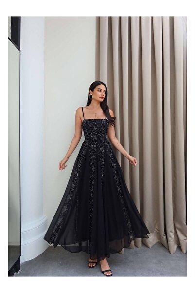 aura7 collection KG ETK ASKILI ÇİÇEK İŞLEMELİ VE TÜL DETAYLI SİYAH ELBİSE