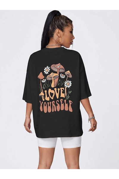 Flubutik Black Loveyourself Print Combed Cotton Loose Fit T-Shirt