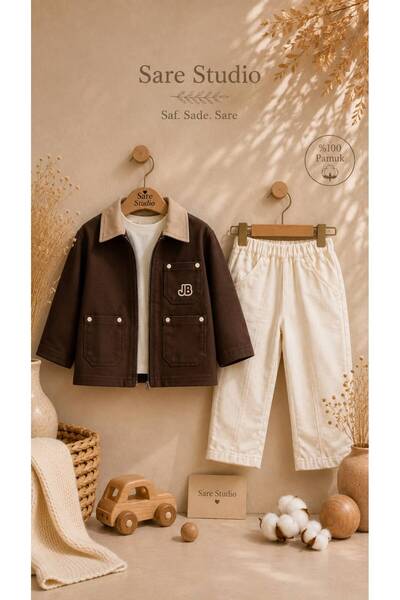 Erkek Çocuk Takım 2-5 Yaş %100 Pamuk 3'lü Takım Fermuarlı Ceket Tişört Pantolon