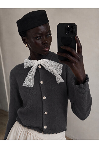 peri tower Women's Lace Bow Detailed Pearl Buttoned Ruffle Trim Knitwear Card...