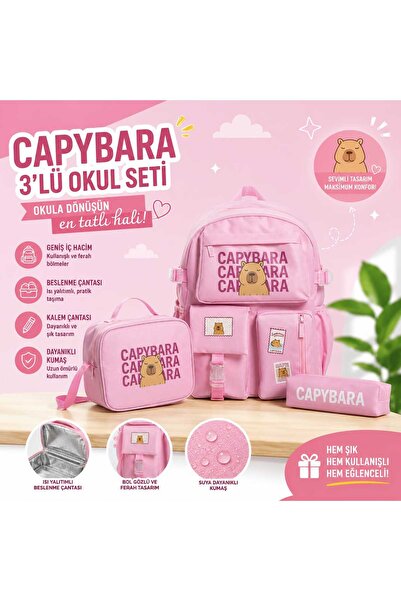 Fidanx Capybara Patterned 3 Piece Primary School Middle School Bag Set Backpa...