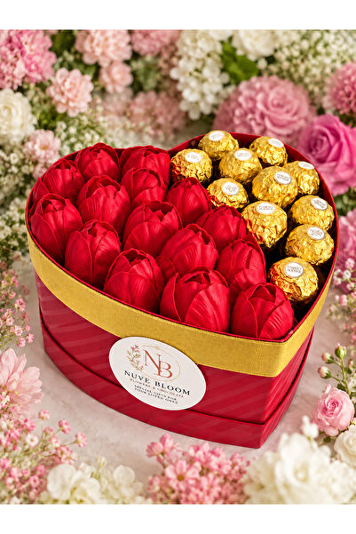 Signature Heart Box Hediye Kutusu / 15'li Yapay Gül /11'li Ferrero Rocher Çikolata