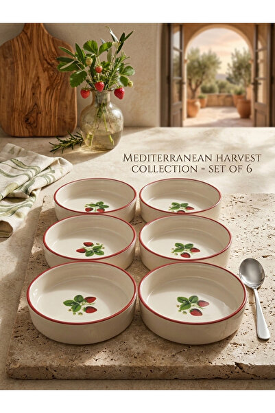seda seramik Handmade Ceramic Strawberry Patterned 6-Piece Breakfast Bowl and...