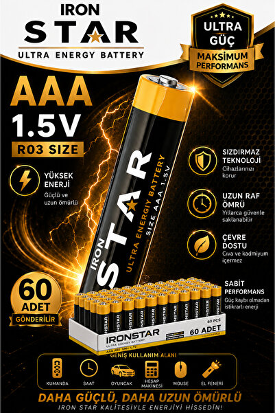 IRONSTAR 60 adet AAA pil / İnce kalem pil / AAA 1.5V pil / R03 pil / Kumanda ...