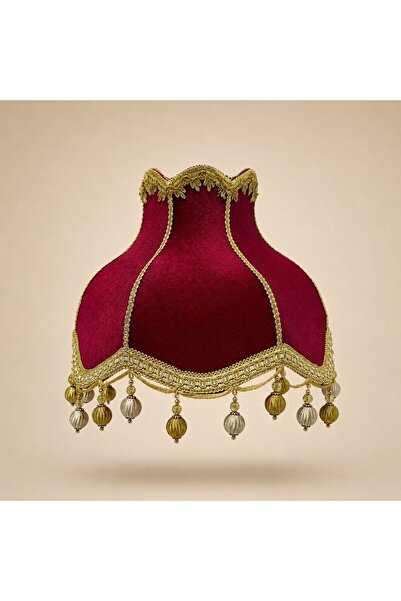 Dekovien Kırmızı Kadife Gold İşlemeli El Yapımı Vintage Abajur Şapkası 30x27c...