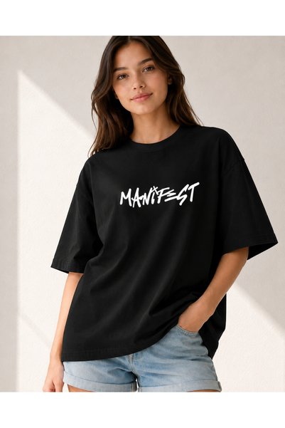 fingerjewerly Manifest Printed Oversize T-Shirt Unisex 80% Cotton Boxy Fit Streetwear T-Shirt Thick Textured