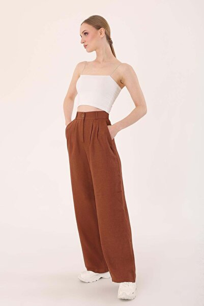 Hazel Women's Dark Brown High Waist Linen Palazzo Trousers