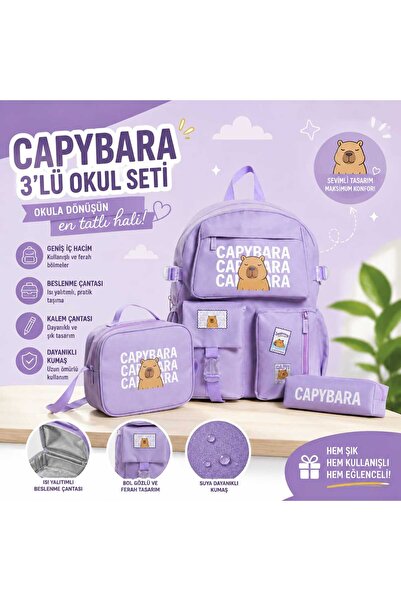 Fidanx Capybara Patterned 3 Piece Primary School Middle School Bag Set Backpa...