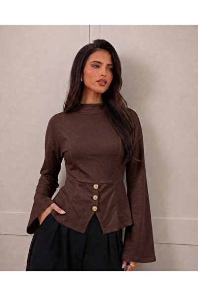 Moda Lounge High Collar Spanish Sleeve Gold Buttoned Peplum Blouse