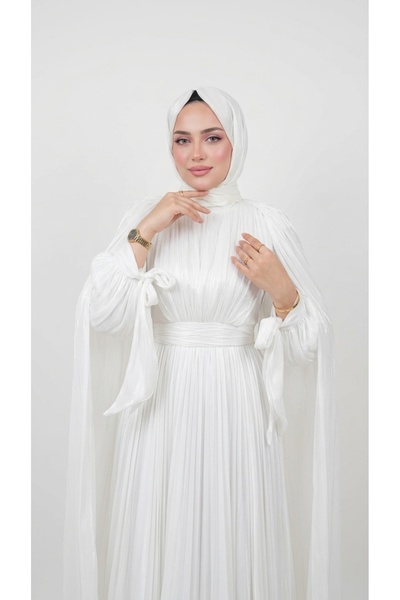 GARDROP GİYİM BEYAZ ŞİFON PELERİNLİ TESETTÜR ABİYE
