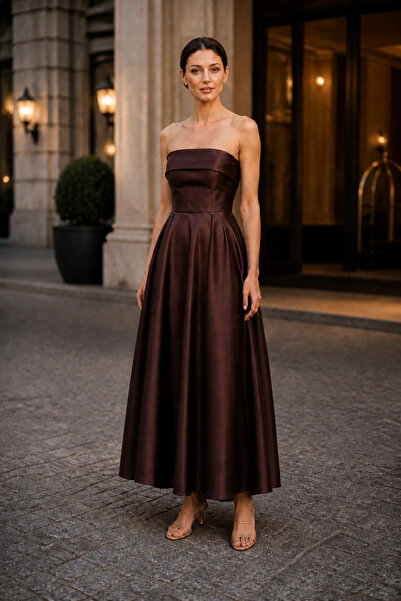 DORİDORCA Women's Strapless Long Evening Dress 6068 Brown